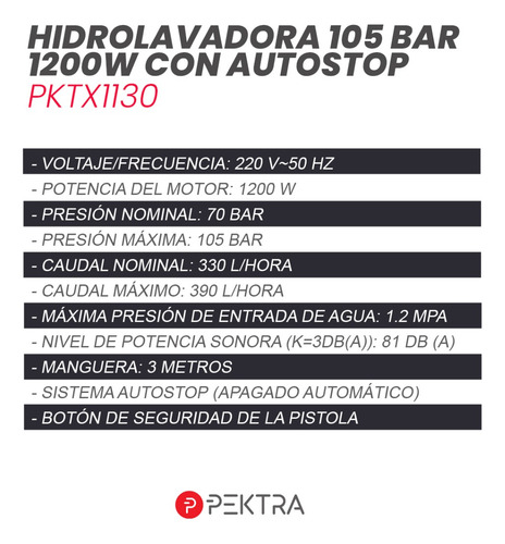 Imagen 10 de 10 de Hidrolavadora eléctrica Pektra PK100-1700 de 1700W con 110bar de presión máxima 220V