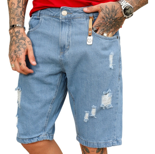 Bermuda Jeans Masculina Rasgada Clara Com Chaveiro
