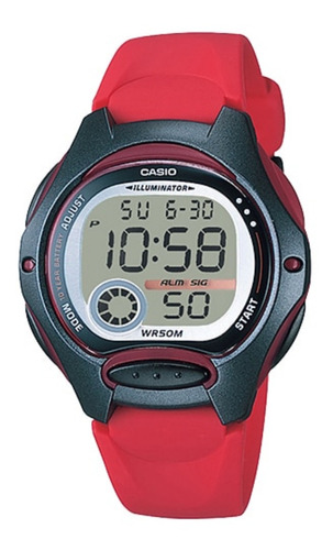 Reloj pulsera Casio Youth LW-200 de cuerpo color negro, digital, para mujer, fondo gris, con correa de resina color rojo, dial negro, subesferas color gris y negro y azul, minutero/segundero negro, bisel color negro y hebilla simple