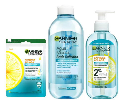 Pack Garnier Aclara Anti Acné Rutina Mascara + Micelar + Gel