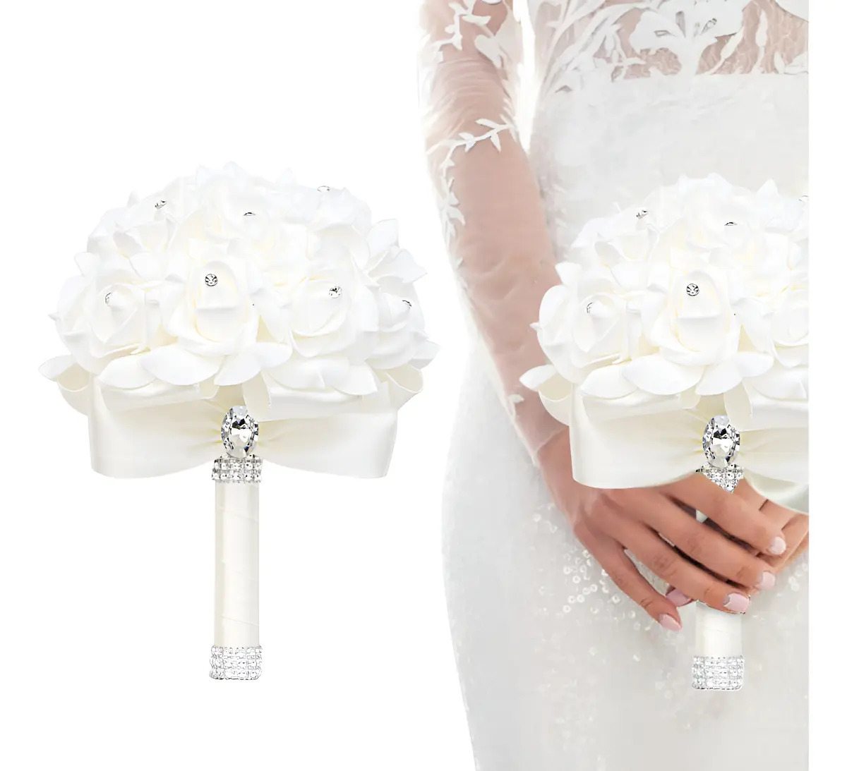 Ramo De Novia Blanco Rosa Y Diamantes De Imitación Boda 22cm