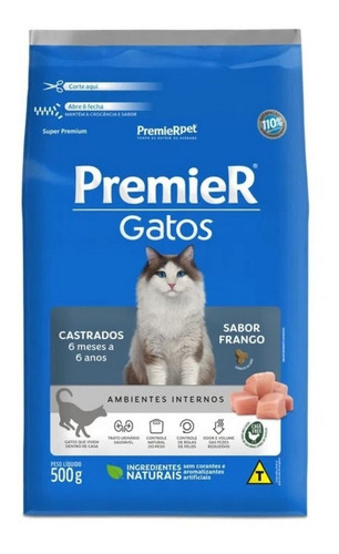 Ração Premier Gatos Catrados 6 Meses A 6 Anos Frango 500g