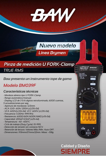 Imagen 3 de 8 de Pinza Amperometrica True Rms Mordaza Abierta U-fork Baw