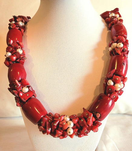 Imagen 1 de 3 de Collar Gargantilla Cadena Coral Rojo Natural Y Perlas De Río