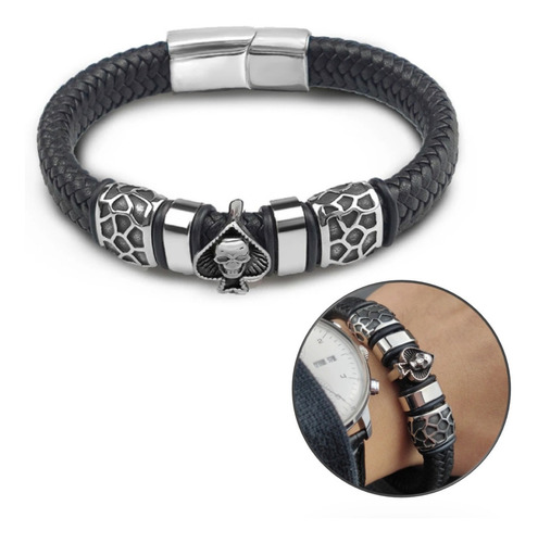 Pulseira Executiva Masculina Poker Luxo Naipe Espadas Couro