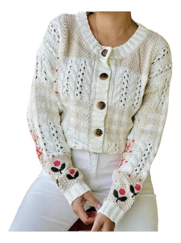 Sweater Bordado Importado Mujer Apliques Flores Chic Hippie