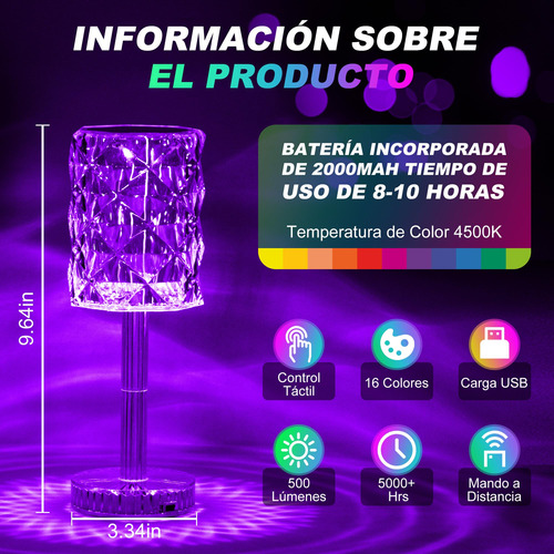 Lámpara De Mesa De Cristal Con 16 Colores Rgb Táctil