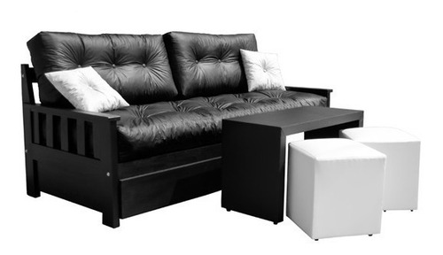 Sillon Divan Cama + Carro + Colchon Ecocuero + Mesa +2 Puff