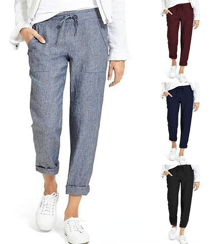 Pantalones Sueltos De Algodón Y Lino Elástico Para Mujer En