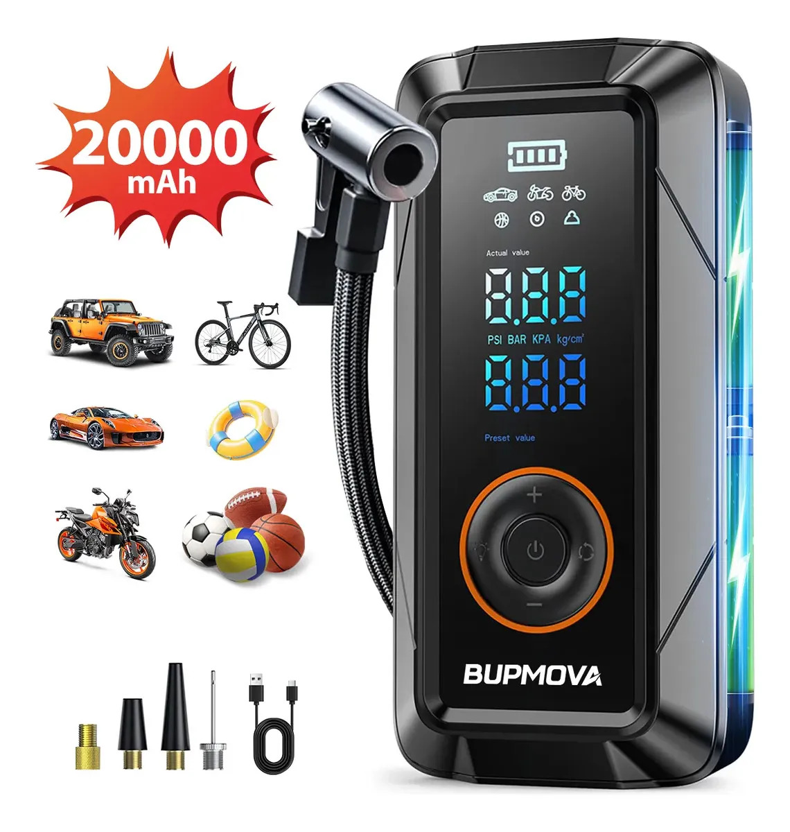 Compresor De Aire Eléctrica Inalámbrico 150psi, Bupmova Bomba Inflador De Llantas, Power Bank Recargable Portátil, Inflar Auto 5 Modos Con Led Luz Y Pantalla Para Auto, Motocicleta, Neumaticos