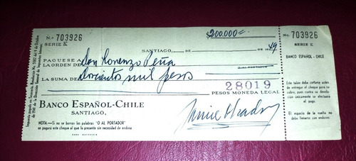 Cheque Antiguo Banco Español Chile Año 1949