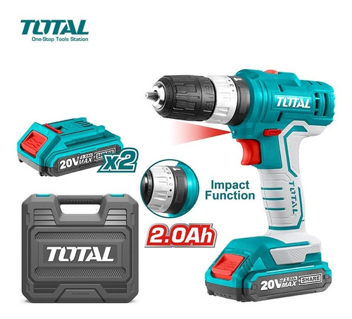 Imagen 5 de 10 de Taladro Atornillador Percutor Inalambrico Total 20v 2bateria