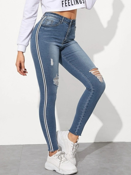 Pantalon Jean Roto Con Lineas Al Costado Mujer Moda Mercado Libre