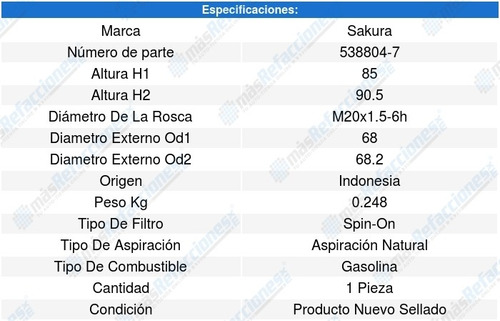 Filtro Aceite Mitsubishi Galant L4 2.4l 03-04 Sakura 8638697
