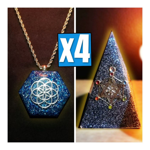 Kit 4 Metatron Piramide + 4 Collar Semilla De Vida Orgonitas