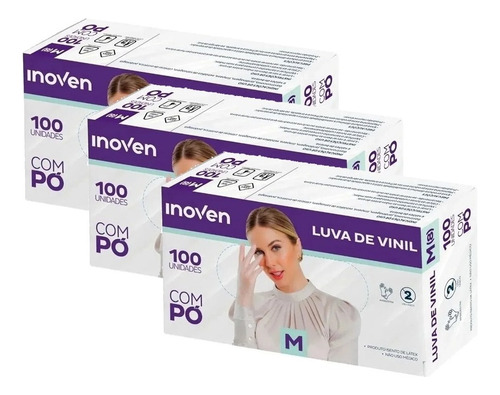 Luva De Vinil Inoven M 100 Unid Sem Pó Kit 3