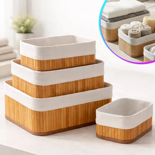 Kit 3 Cestos Bambu Organizador Com Forro Lavável Multiuso Retangu...