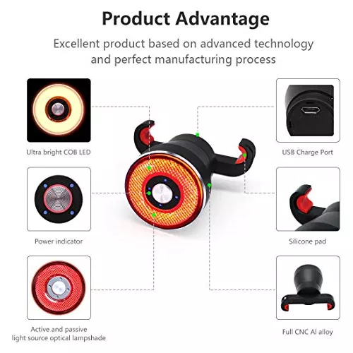 Luz trasera de bicicleta inteligente: luces intermitentes de  encendido/apagado automático, linterna de advertencia LED con parte trasera  roja, montaje