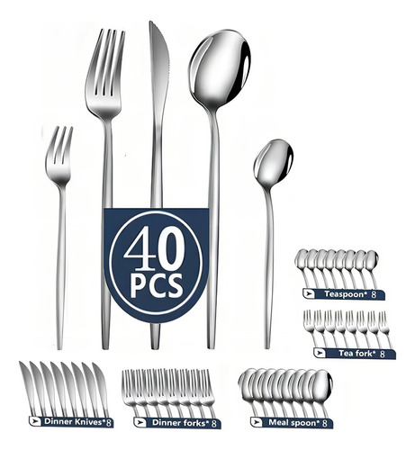 Juego De 40 Cuchillos, Tenedores Y Cucharas De Acero Inoxidable Plateado