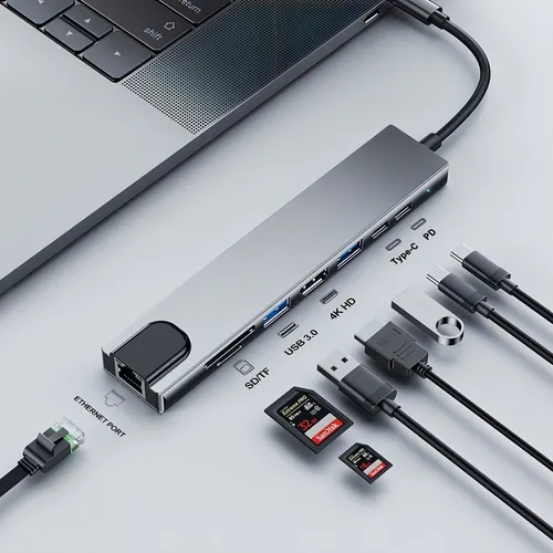 Adaptador Hub Usb-c 8n1 Hdmi Usb 3.0 Micro Sd Rj45 + Aliment