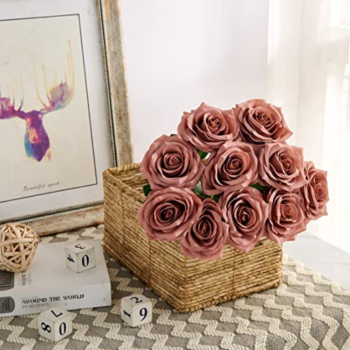Ramo De 10 Flores Artificiales De Rosas Abiertas, Tallos De