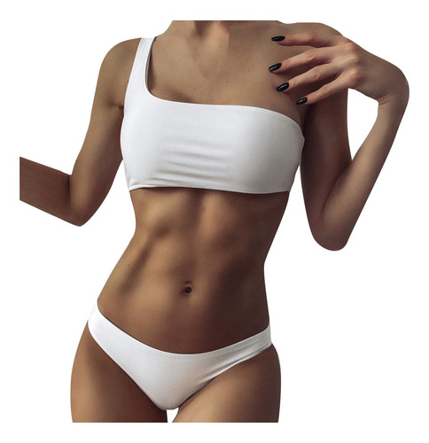 Bikini De Un Hombro De Color Liso Blanco Asimétrico De Cintu