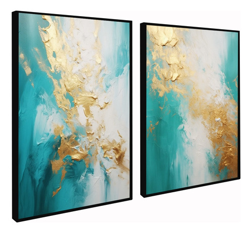 Kit 2 Quadros Decorativo Abstrato Azul Tiffany Gold Moldura