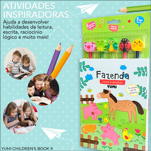 Livro De Colorir E Lápis Animais Da Fazenda | Com 50 Adesivos E Borracha De Bichinhos