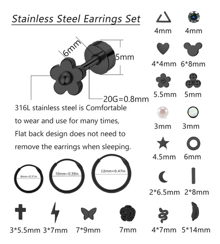 Staligue Juego De 21 Pares De Aretes De Acero Inoxidable Par