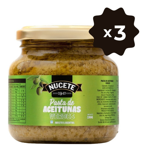 Imagen 1 de 3 de Combo Pasta De Aceitunas Verdes Nucete 190 Gr X 3