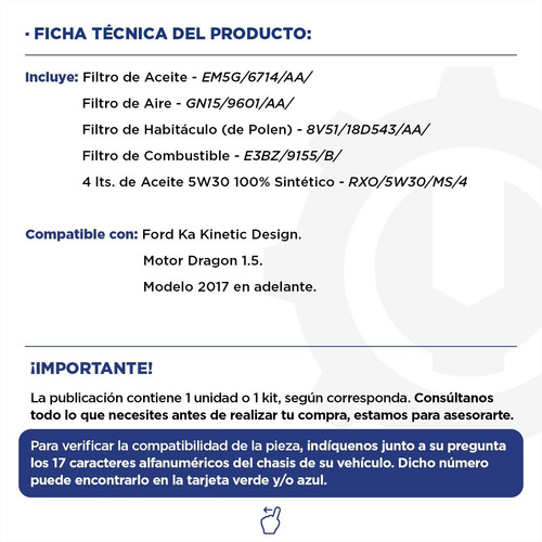 Imagen 2 de 10 de Kit 4 Filtros + Aceite 5w30 Ka Motor 1.5 Dragon Original