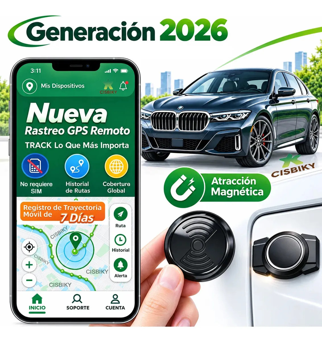CISBIKY Localizador Rastreador Tracker GPS, Historial de Rutas de 7 Días, Generación 2026, Magnético Global para Auto, Moto, Bicicleta, Niños, Mascotas y Adultos Mayores