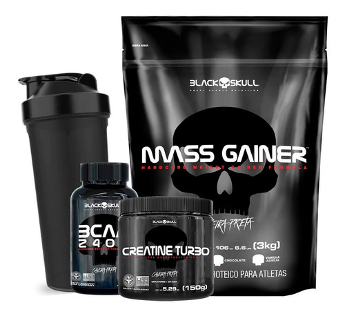 Kit Hipercalórico + Bcaa + Creatina + Shaker - Black Skull