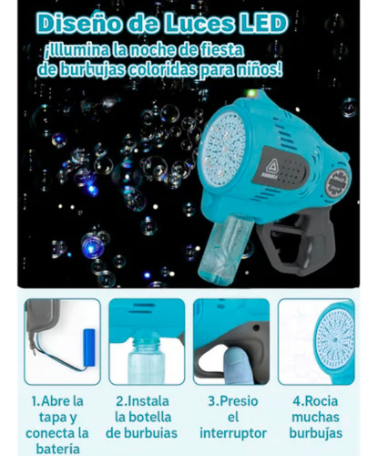 Pistola Burbujas 57 Agujeros Niños A2503-041 Lanza Burbujas + Liquido Azul Gaccoa