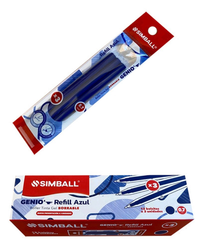 1 Caja Repuesto Roller Borrable Simball Genio 0.7 Azul 12 X3
