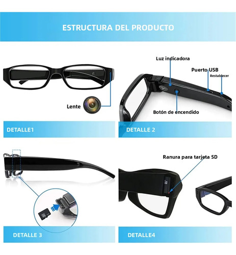 Lentes Con Mini Cámara Espía Inalámbrico Oculta Video 1080p,sin Soporte Wifi