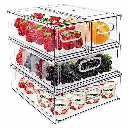 Fridge Drawer Pull Out Stackable Bins With Handle Clear...