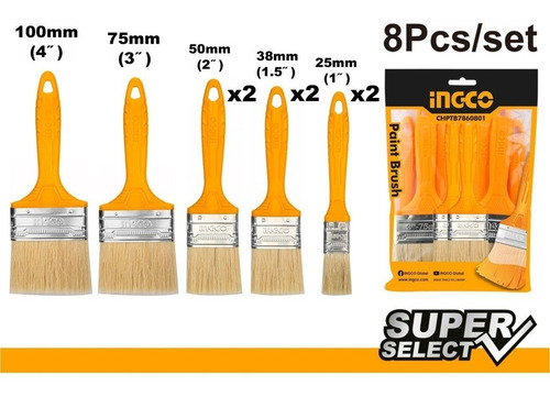 Imagen 2 de 3 de Set De 8 Pinceles Mango Plástico Super Ingco