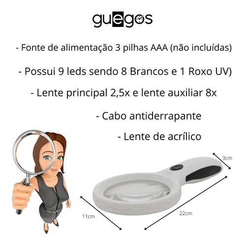 Imagem 5 de 6 de Lupa De Mão Com Ampliação 2,5x E 8x Led Uv
