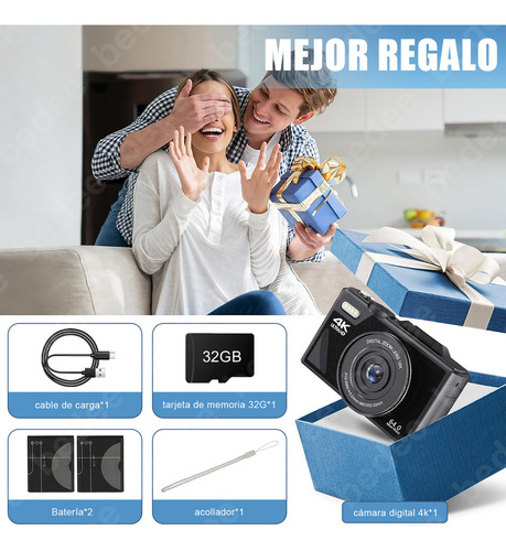 Cámara Digital Bedee 4k 64mp Cámara Vlog Con Tarjeta +32gb 2 Pilas Color Negro