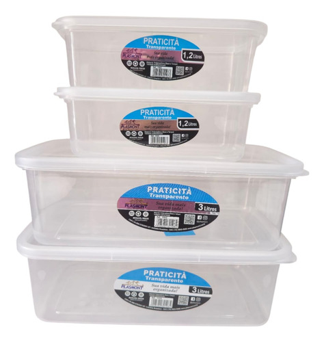 Kit 4 Potes Transparente 1,2 L E 3,0 L Presidio Retangular