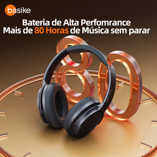 Basike fone de ouvido over-ear bluetooth sem fio com anc ativo 80h bateria áudio hd graves intensos espuma com memória perfeito para viagens e home office azul-marinho