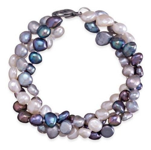 Pulsera 3 Hilos Perla Cultivada Natural Blanco Gris Y Negro Diámetro 15 cm
