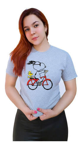 Polera Dama Estampada 100%algodon Snoopy En Bicicleta 500