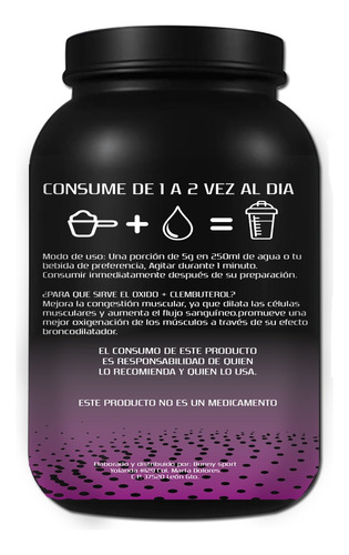 Óxido Nítrico + Clembuterol Fast Suplement 1kg 200 Serv Moras