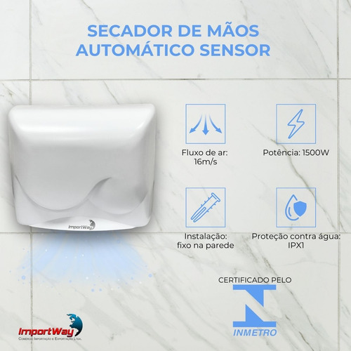 Secador Mãos Elétrico Automático Sensor 127v 16m/s 1500w Top