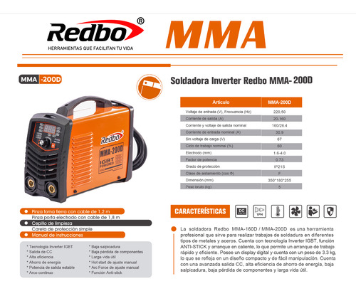 Soldadora Inverter Profesional Mma-200d Redbo