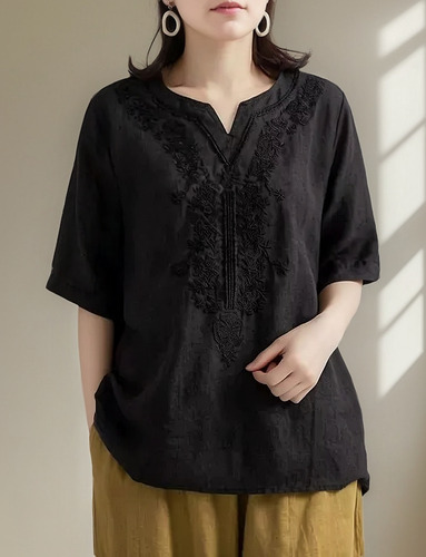 Blusa Bordada De Algodón Y Lino Con Cuello En V Para Mujer