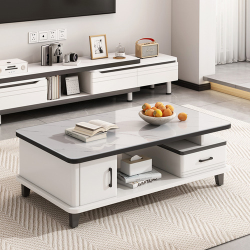 Mesa De Sala Centro De Vidrio Multifuncional 120cm De Mármol Color Blanco