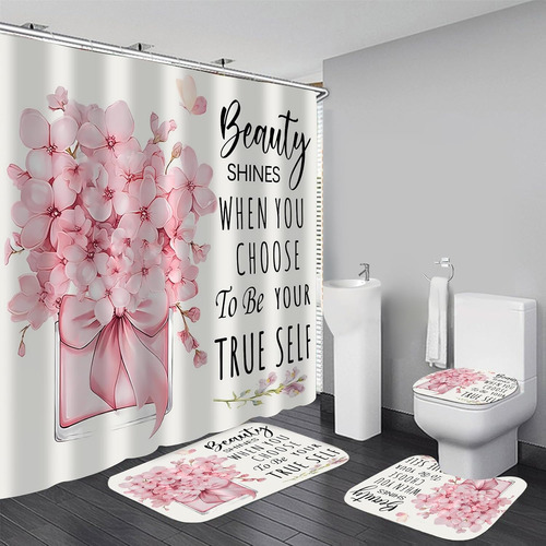 Conjunto De Cortina De Baño Y Tapetes De Moda Rosa De 4 Pie